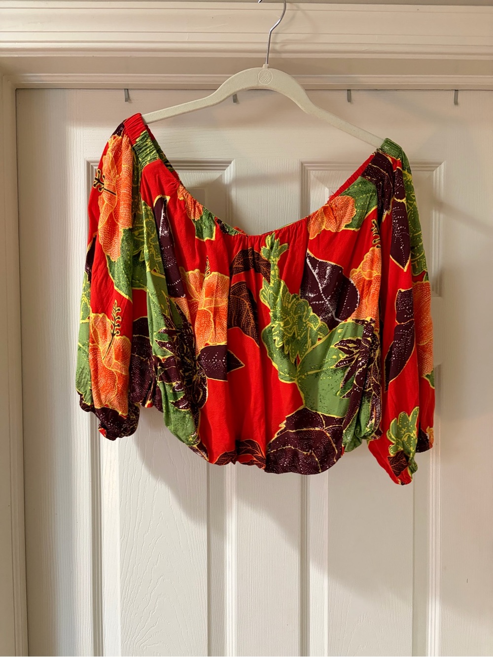 Free People Red Floral Off-Shoulder Crop Top with Green Accents